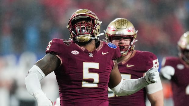 Dec 2, 2023; Charlotte, NC, USA; Florida State Seminoles defensive lineman Jared Verse (5) reacts during the fourth quarter against the Louisville Cardinals at Bank of America Stadium.